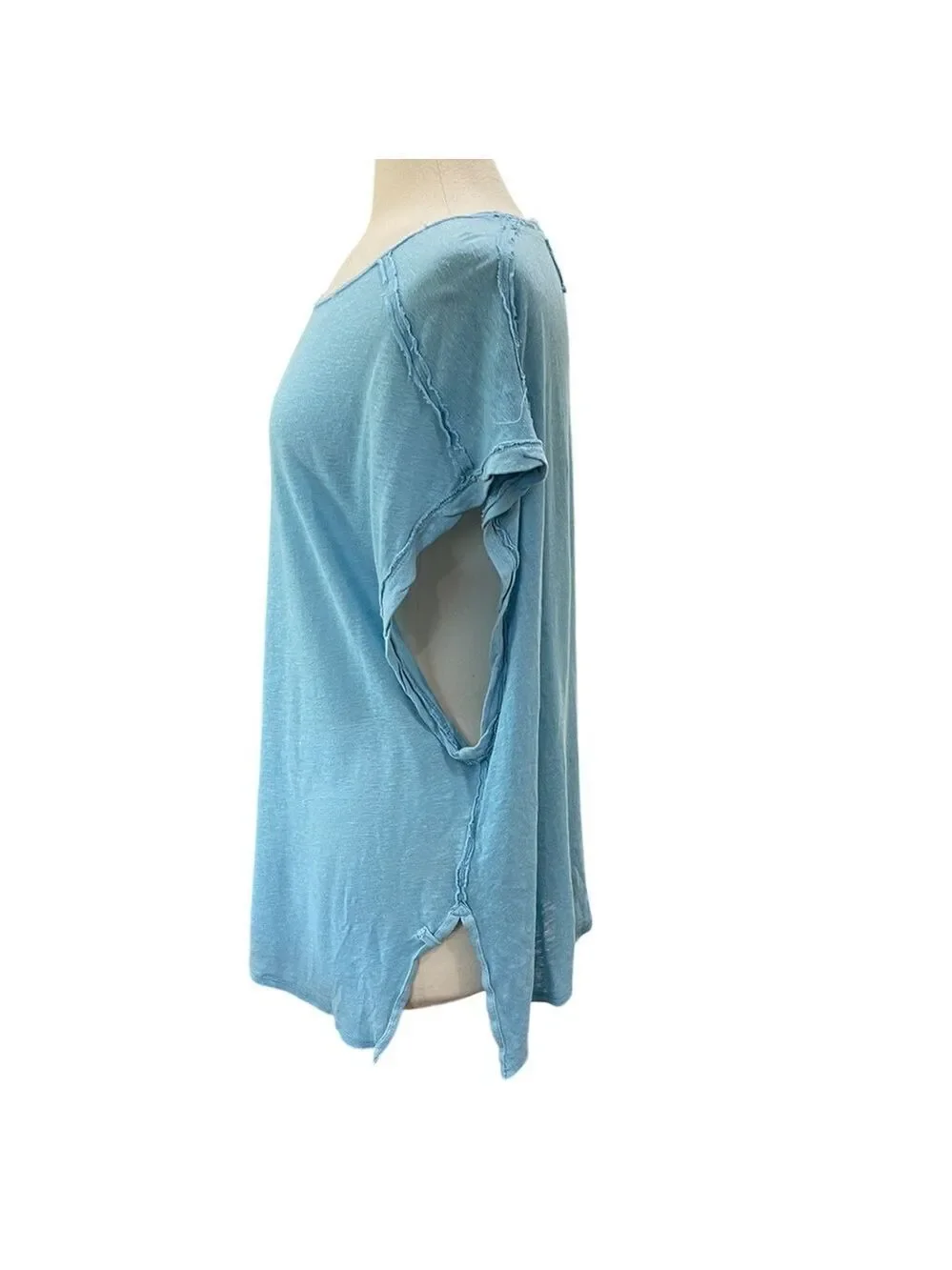 Free People Linen Blend Distressed Oversized Muscle T Shirt SZ S Blue